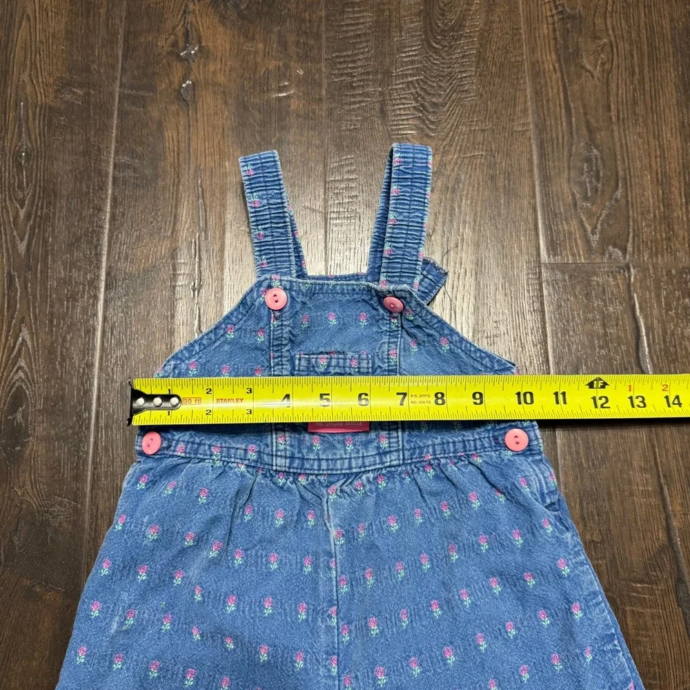 OshKosh Vintage Overalls Floral Print Snap Crotch Denim Romper Made in USA 18 Mo